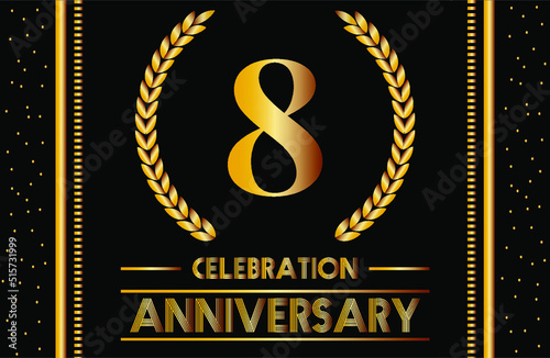 8th anniversary celebration. Vector shiny gold eight years and confetti for anniversary date.