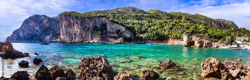 Corfu island. most popular and beautiful Paleokastrtsa tourist village and resort, Ampelaki Beach. Greece, ionian islands