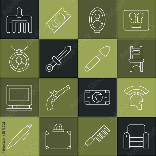 Set line Armchair, Roman army helmet, Chair, Portrait picture in museum, Medieval sword, Locket on necklace, Hairbrush and Silver spoon icon. Vector