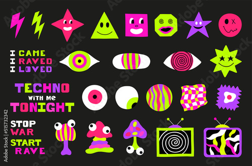 Psychedelic trippy acid rave large set. Trendy abstract characters, objects in cartoon style. 60s, 70s, hippie elements