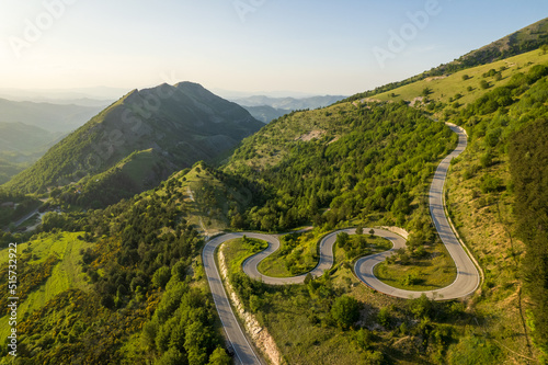 Aerial view of curvy road on monte Nerone slope in Marche region in Italy 