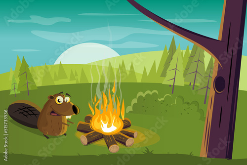 funny cartoon beaver warming up at a campfire