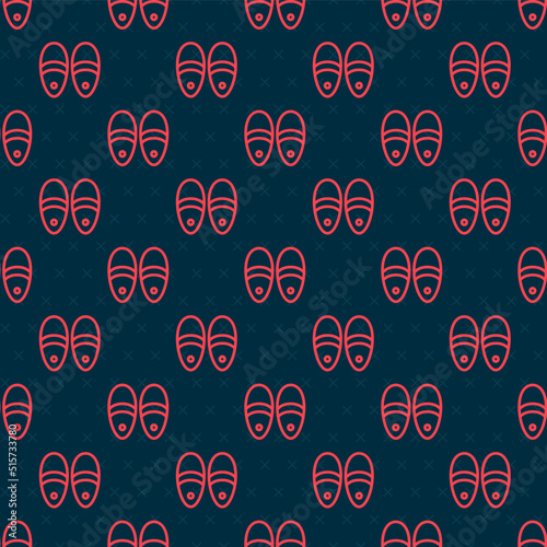 Red line Slippers icon isolated seamless pattern on black background. Flip flops sign. Vector