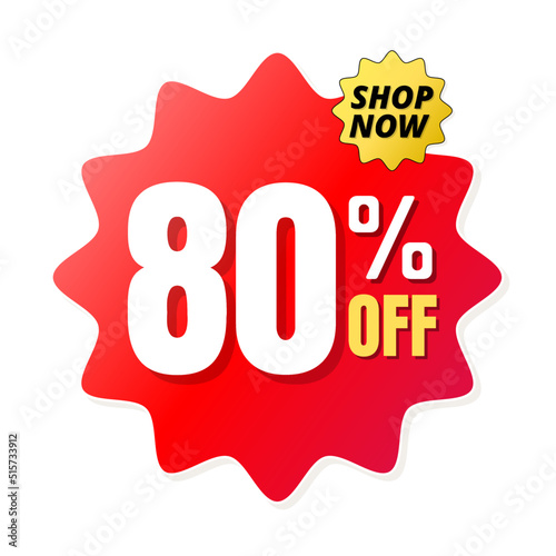 80% percent off(offer), shop now, red and yellow 3D super discount sticker, sale. vector illustration, Eighty 