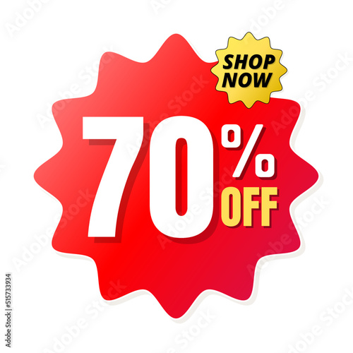 70% percent off(offer), shop now, red and yellow 3D super discount sticker, sale. vector illustration, Seventy 