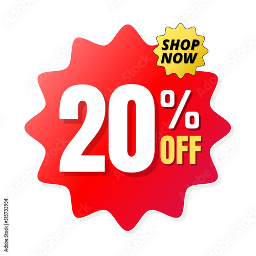 20% percent off(offer), shop now, red and yellow 3D super discount sticker, sale. vector illustration, Twenty 