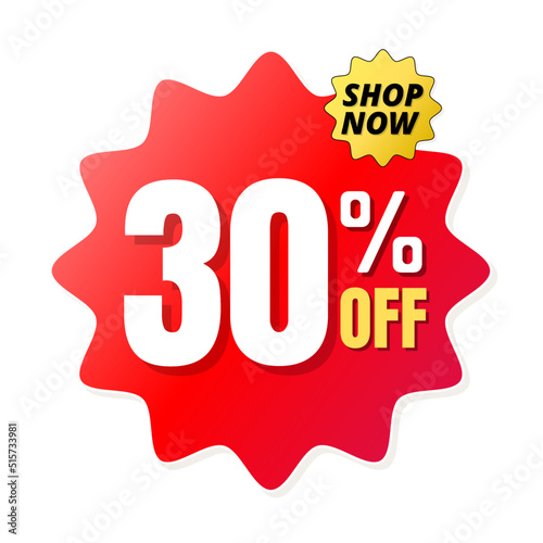 30% percent off(offer), shop now, red and yellow 3D super discount sticker, sale. vector illustration, Thirty 