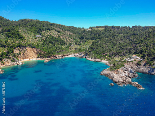 Aerial view over Megali Ammos or large sand beach in western Alonissos island, Greece