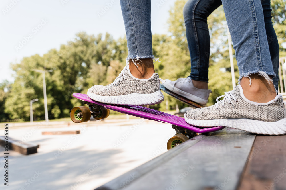 Children girls friends ready for ride on penny board on skateboard park playground. Sports equipment for kids. Children girls friends ready for ride on penny board on skateboard park playground. Sports equipment for kids.