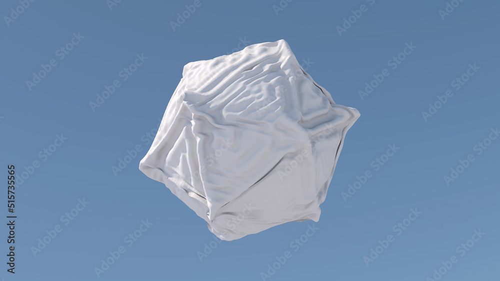 Obraz premium White polyhedron, cloth effect. Blue background. Abstract illustration, 3d render.