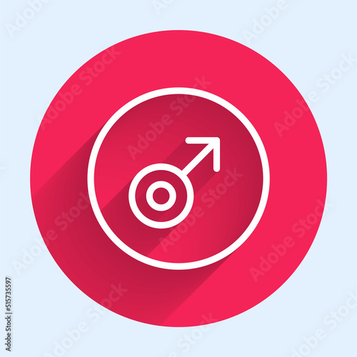 White line Mars symbol icon isolated with long shadow background. Astrology, numerology, horoscope, astronomy. Red circle button. Vector