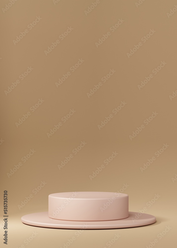 Minimal beige podium for product showcase. Cylinder shape pedestal. Background display. Cosmetic beauty empty stage. 3d render 