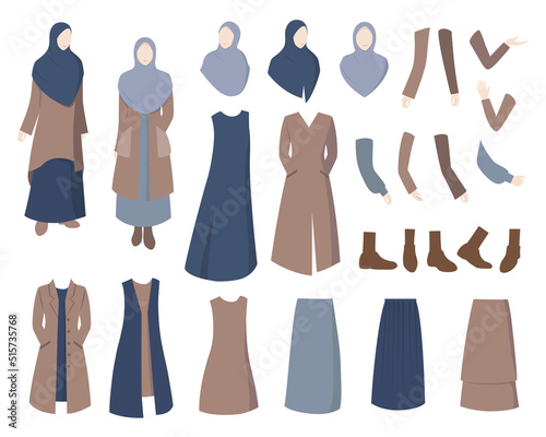 Stylish hijab women creation kit, female character body parts, trendy clothing isolated on white background vector illustration.