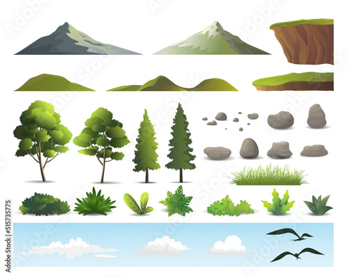 Set of  landscape kit, mountains, hills, cliffs, stones, tree, bushes birds and clouds, nature elements vector illustration.