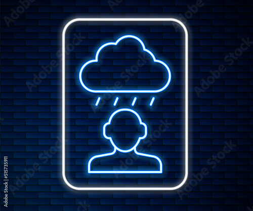Glowing neon line Depression and frustration icon isolated on brick wall background. Man in depressive state of mind. Mental health problems. Vector