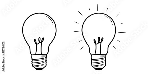 Hand drawn Vector light bulb icon with concept of idea isolated on white background.