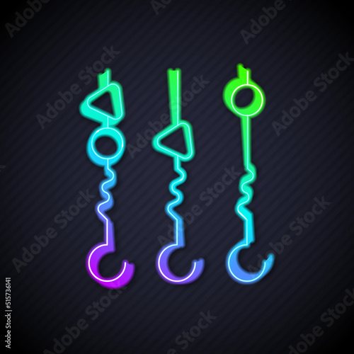 Glowing neon line Grilled shish kebab on skewer stick icon isolated on black background. Meat kebab on skewer stick. Picnic with grilled meat. Vector