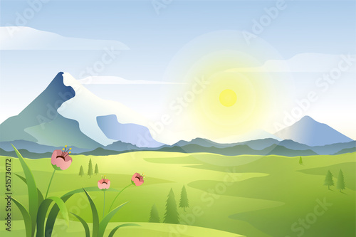 Scenery of wide green meadow with pines and blooming flowers, mountains, hills, sunrise and blue sky, valley landscape in summer day. Tranquil rural environment vector illustration.