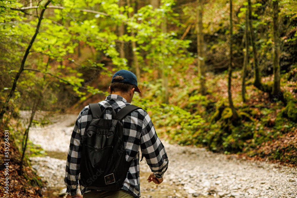 Two friends are traveling through the mountains in the summer with backpacks. In the mountain forest. Two friends are traveling through the mountains in the summer with backpacks. In the mountain forest.