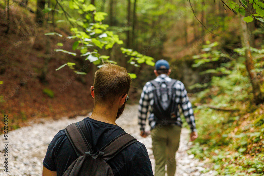 Two friends are traveling through the mountains in the summer with backpacks. In the mountain forest.