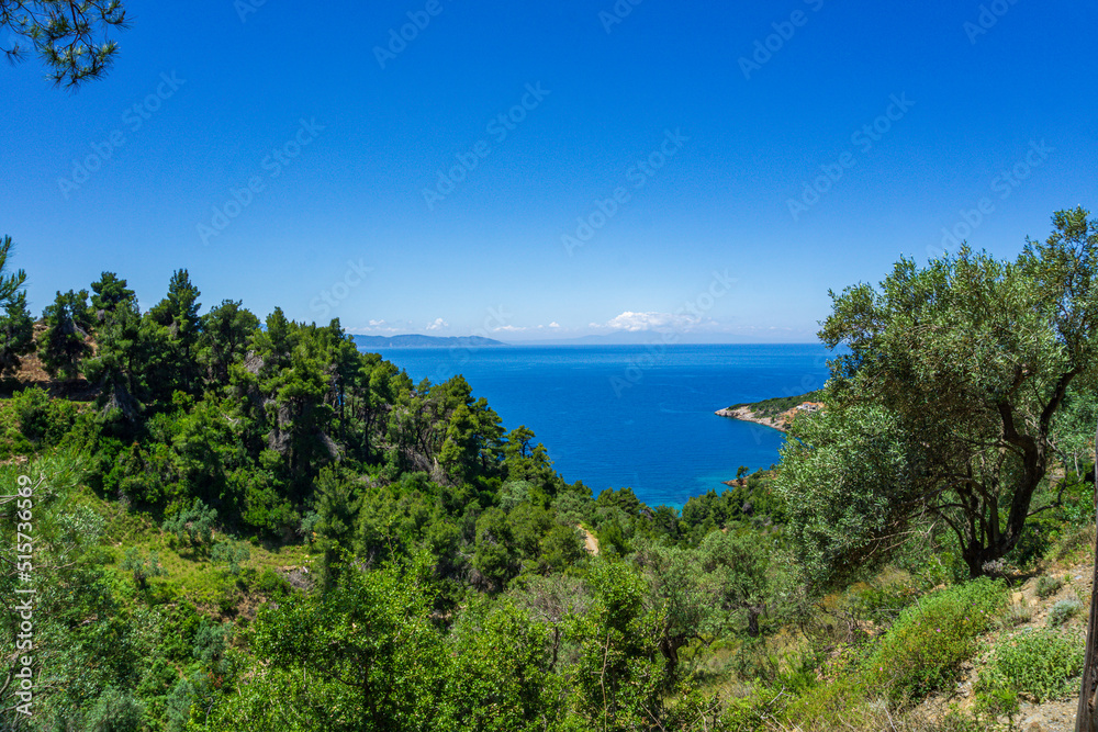 Beautiful natural scenery on the road to Megali Ammos or large sand beach in western Alonissos island, Greece