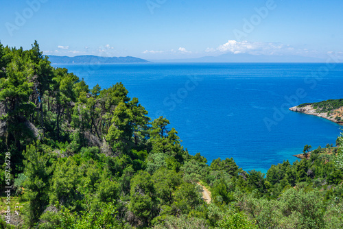 Beautiful natural scenery on the road to Megali Ammos or large sand beach in western Alonissos island, Greece
