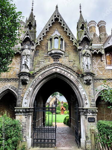 The entrance to Holly Village, Swains Lane, Highgate. Victorian gothic architecture. Designed by architect H A Darbishire for Angela Burdett- Coutts in 1865. Selective focus photo