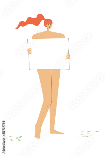 Naked female protester holding empty poster in her hands. Feminism concept doodle drawing. Young woman extreme feminist demonstration. 
