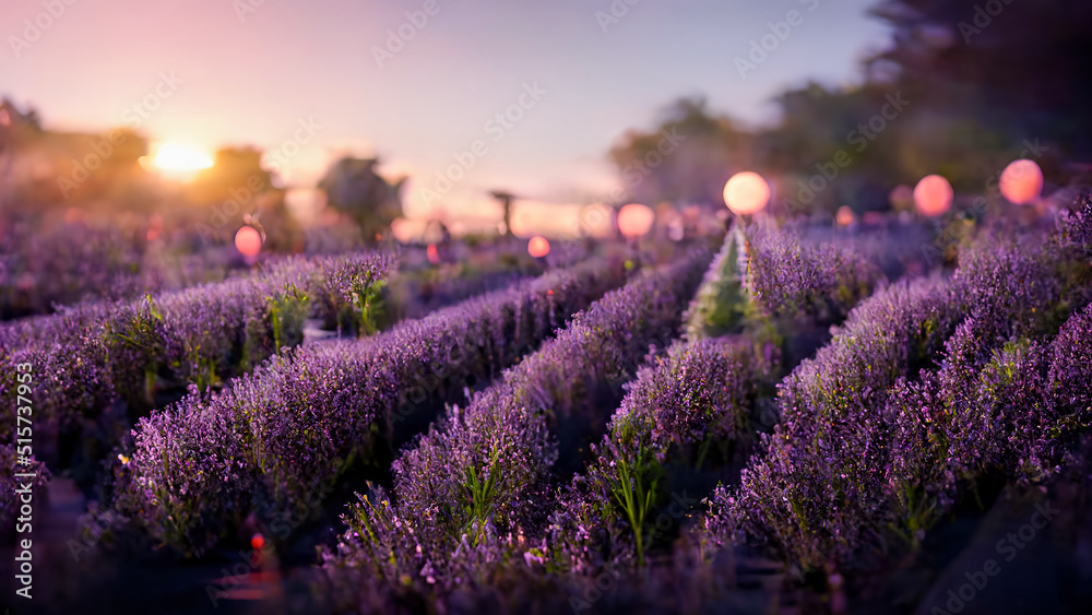 Obraz premium Panorama of the Lavender field at sunset. Lavender garden, Provence. Beautiful sunset. Blurred background, bokeh light. 3D illustration.