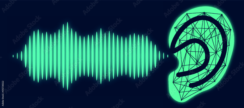 Illustration of human ear and sound wave on dark blue background