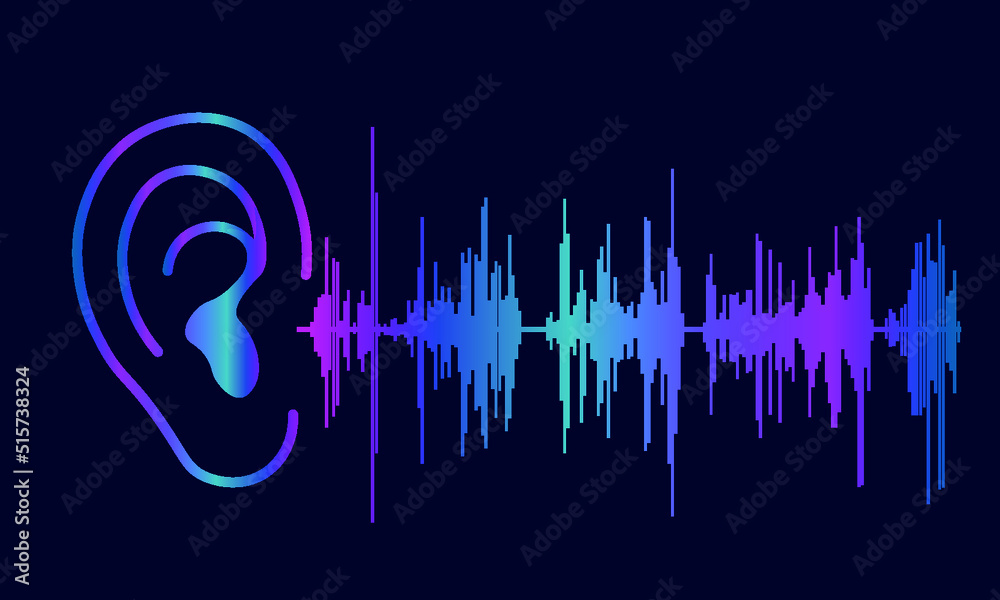Illustration of human ear and sound wave on dark blue background Stock ...