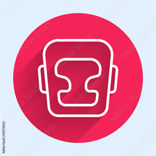 White line Boxing helmet icon isolated with long shadow background. Red circle button. Vector