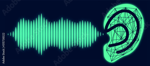 Illustration of human ear and sound wave on dark blue background. Banner design