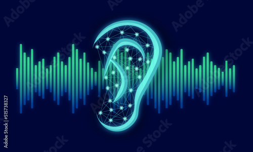Illustration of human ear and sound wave on dark blue background