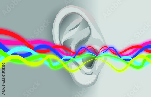 Illustration of human ear and sound waves on light grey background