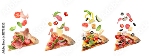 Slices of delicious pizzas and flying ingredients on white background, collage. Banner design