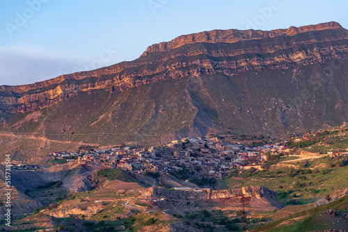 evening view of the mountain village of Chokh in Dagestan on the slope of a vast valley