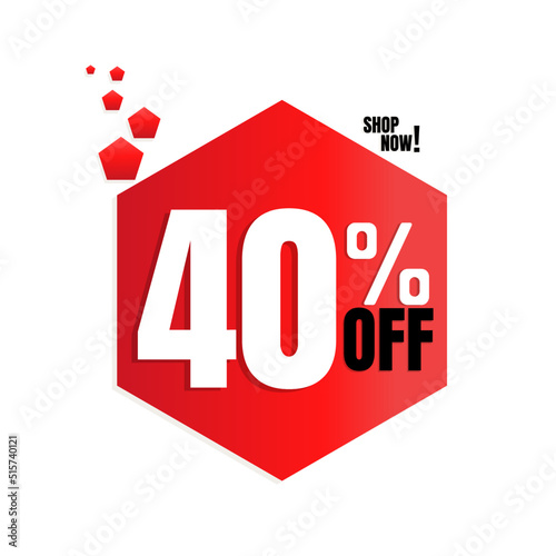 40% percent off(offer), with red pentagon shaped discount icon design, shop now. vector illustration, Forty 