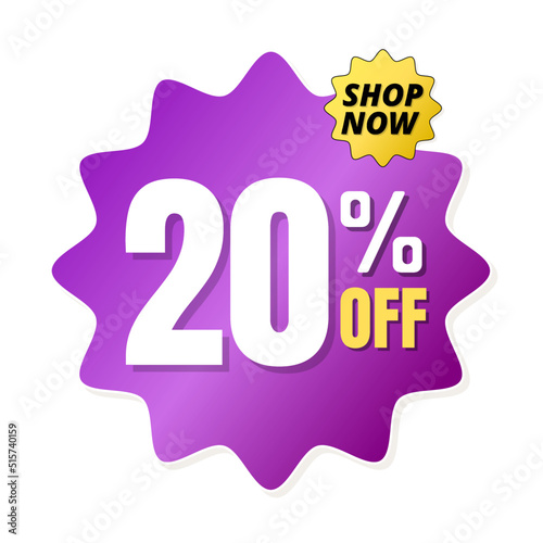 20% percent off(offer), shop now, purple and yellow 3D super discount sticker, sale. vector illustration, Twenty 