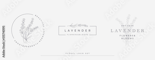 Flower logo set. Three pre-made floral logos, ready for branding, wedding invitations, cards, packaging or label. With original herbal vector illustrations. Easily adjustable isolated vector.