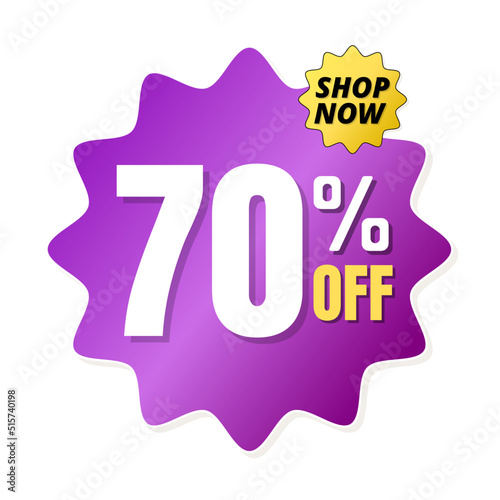 70% percent off(offer), shop now, purple and yellow 3D super discount sticker, sale. vector illustration, Seventy 