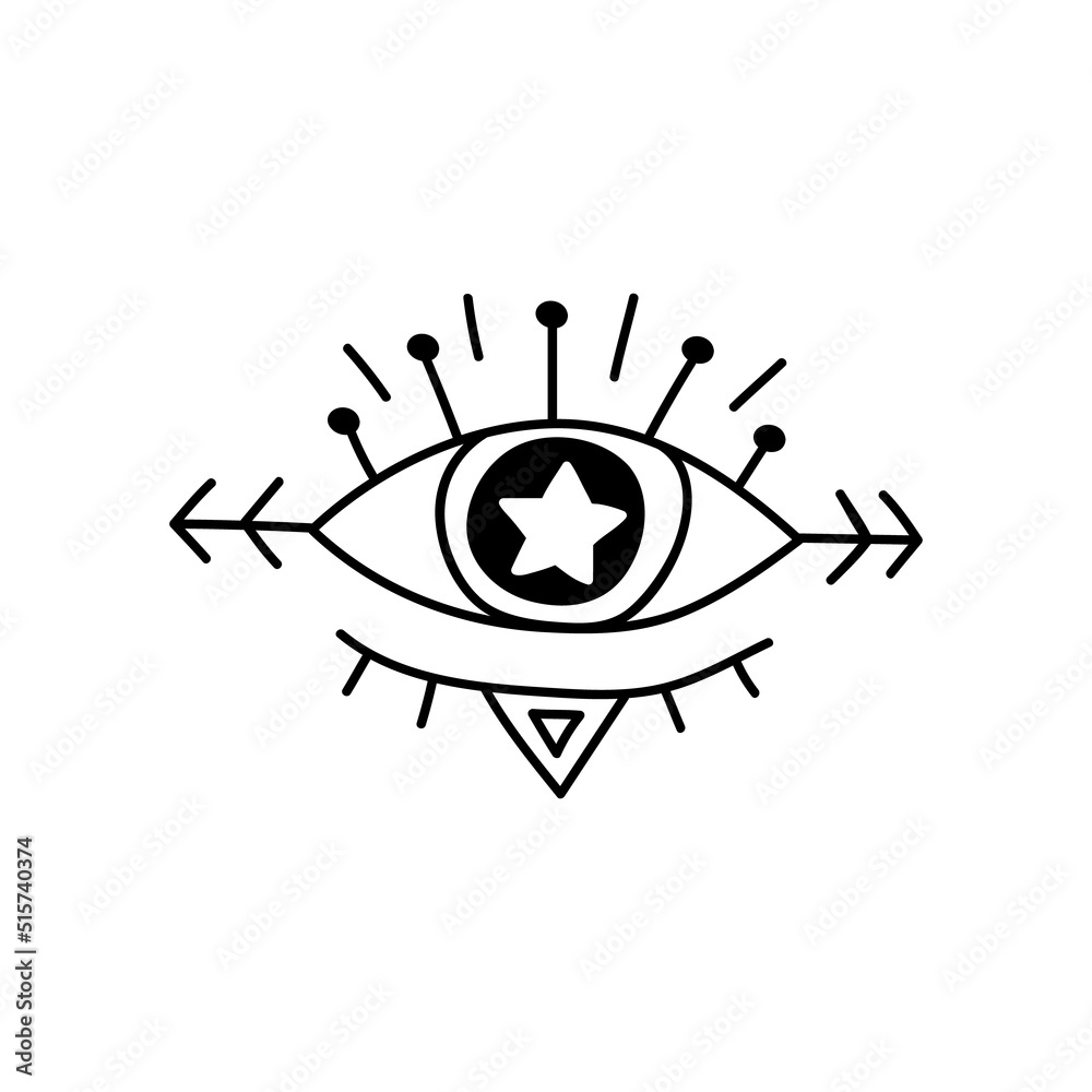 Beauty occult logo with eye and star. Doodle style. Vector illustration for icon, sticker and tattoo.