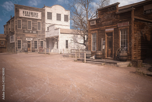 3D illustration of an empty street in an old wild west town with wooden buildings.