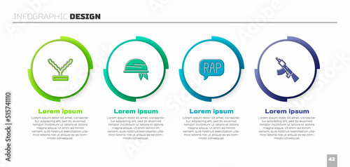 Set Rapper chain, Bandana, music and Submachine gun. Business infographic template. Vector