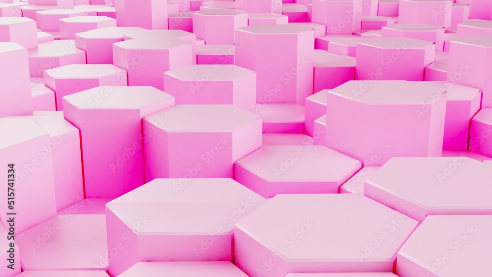 Abstract background with waves made of pure pink futuristic honeycomb mosaic geometry primitive forms that goes up and down under orange back-lighting. 3D illustration. 3D CG. High resolution. Abstract background with waves made of pure pink futuristic honeycomb mosaic geometry primitive forms that goes up and down under orange back-lighting. 3D illustration. 3D CG. High resolution.