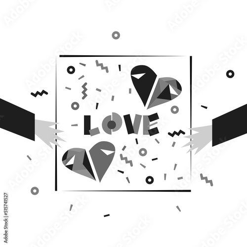 Mosaic hearts, memphis background with geometric elements, helping hands hold postcard. Vector illustration for card, charity symbol, t-shirt, banner, poster, flyer, social help design element.