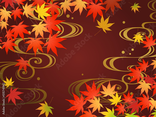 紅葉と流水紋の和風背景_紅色_ベクターイラスト