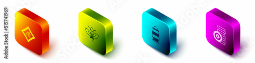 Set Isometric Chinese New Year, Lotus flower, paper lantern and Yuan currency icon. Vector