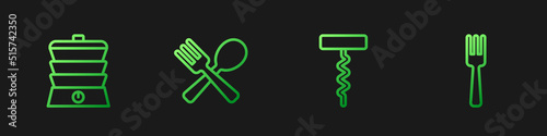Set line Wine corkscrew, Slow cooker, Crossed fork and spoon and Fork. Gradient color icons. Vector
