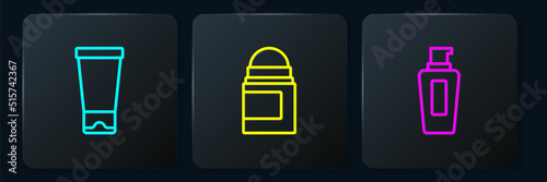 Set line Cream or lotion cosmetic tube, Bottle of shampoo and Antiperspirant deodorant roll. Black square button. Vector